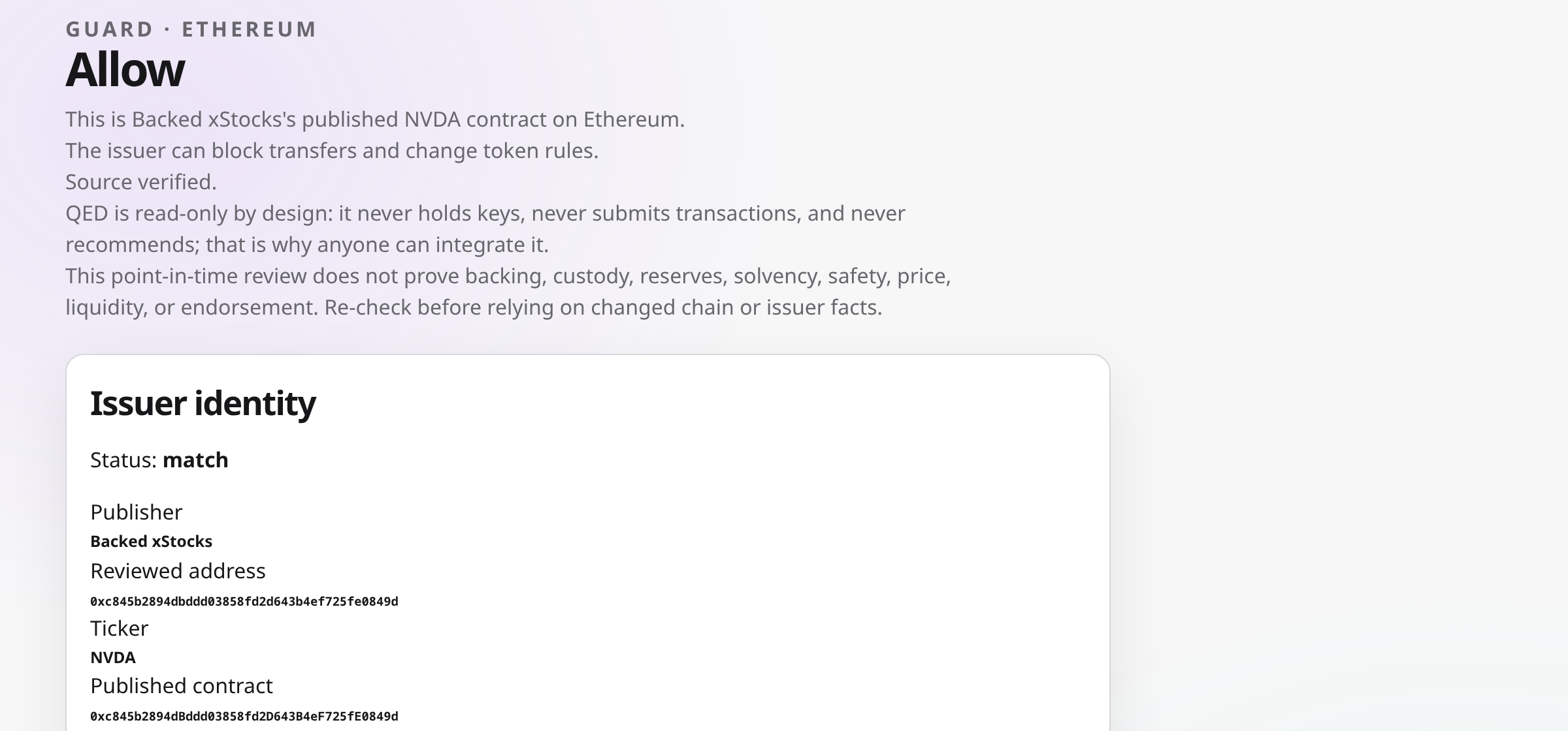 QED Guard showing the NVDA Ethereum contract and issuer match